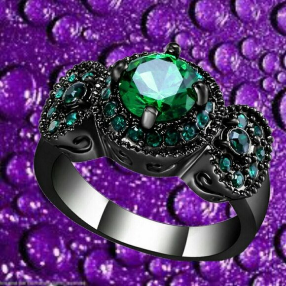 Round Cut Emerald Ring 18KT Black Gold Filled Size - Picture 2 of 5